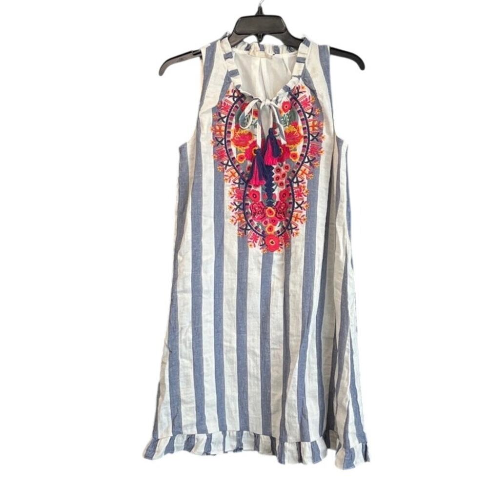 Altar’d State s White/Blue Striped embroidered Pullover sleeveless Dress